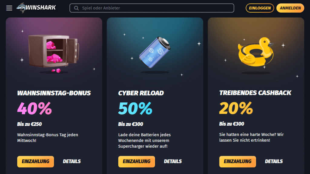 Winshark Reload- und Cashback-Bonus-Banner