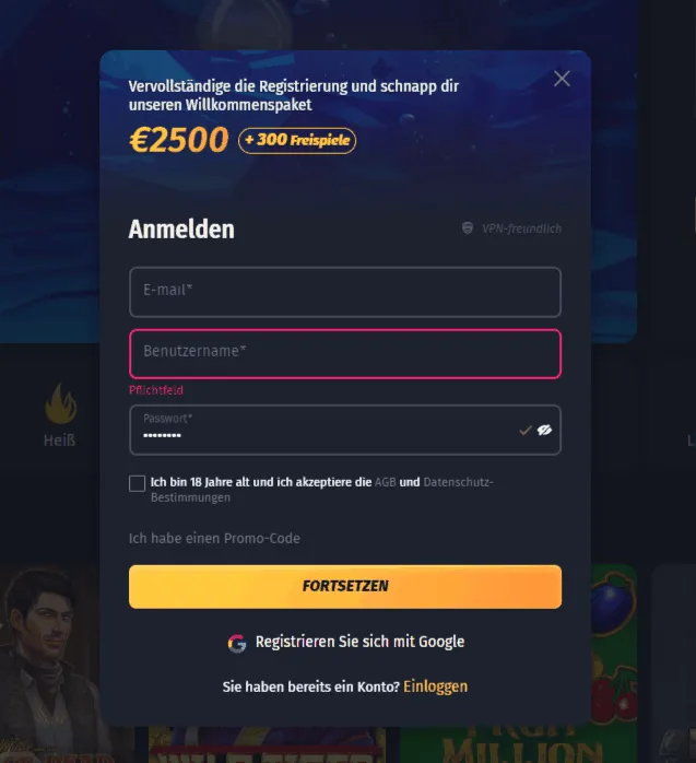 Winshark Casino Registrierungsbutton Winshark Casino Registrierung