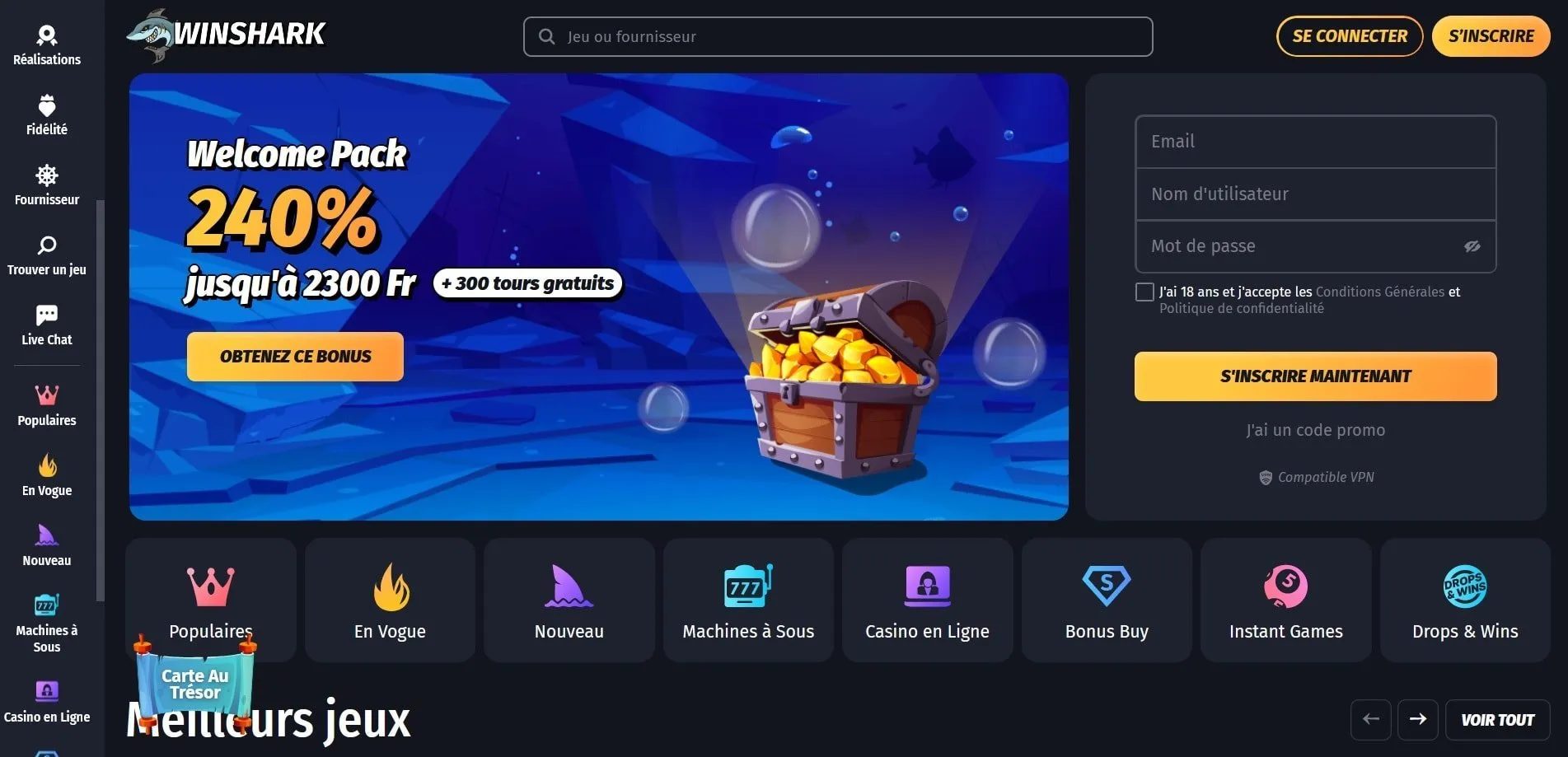 Winshark Casino bonus de bienvenue Winshark Casino Accueil