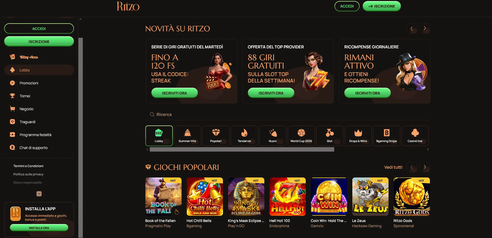 Ritzo EU online casino homepage